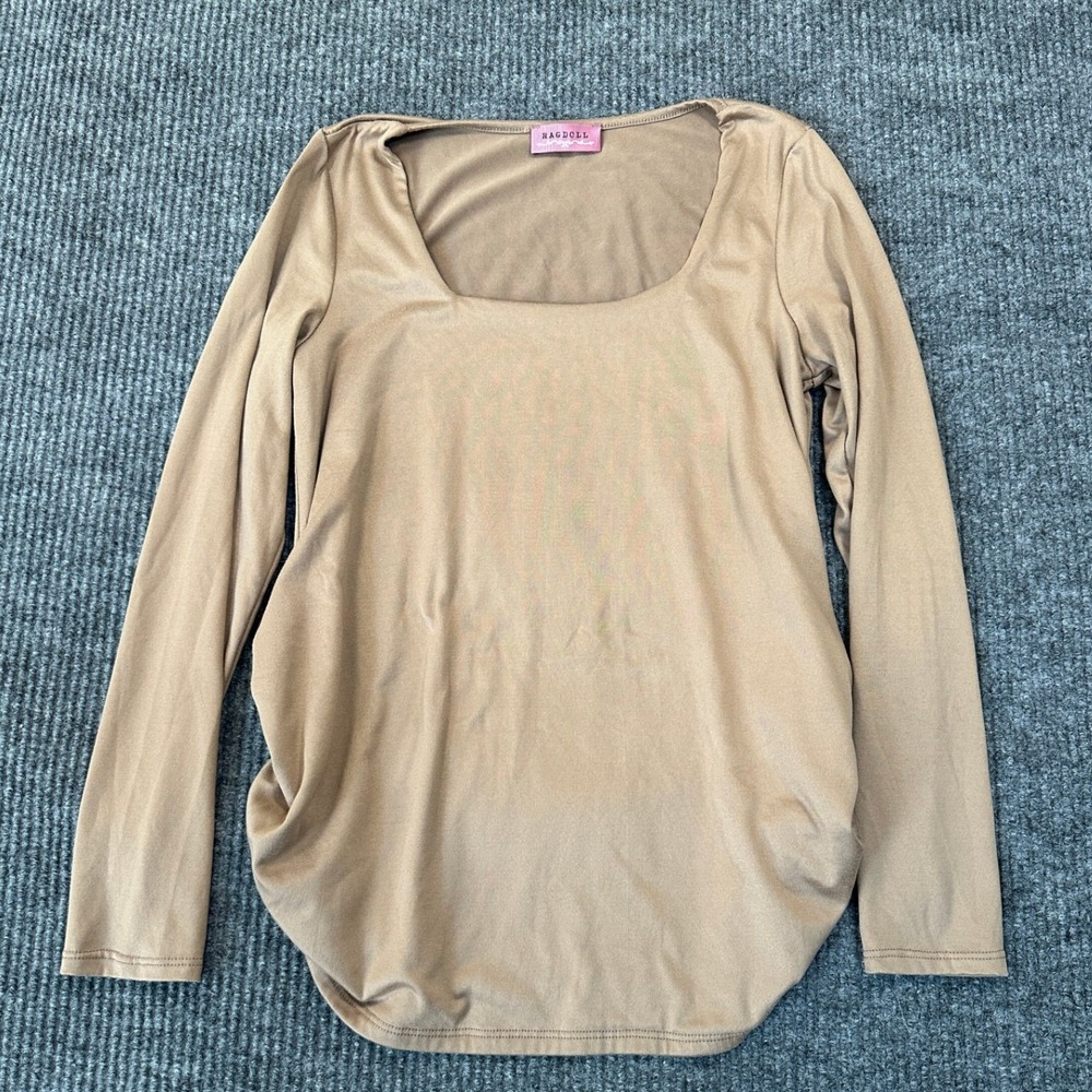 Ragdoll Square Neck Ruched Long Sleeve Top Small Tan Neutral Stretch Jersey